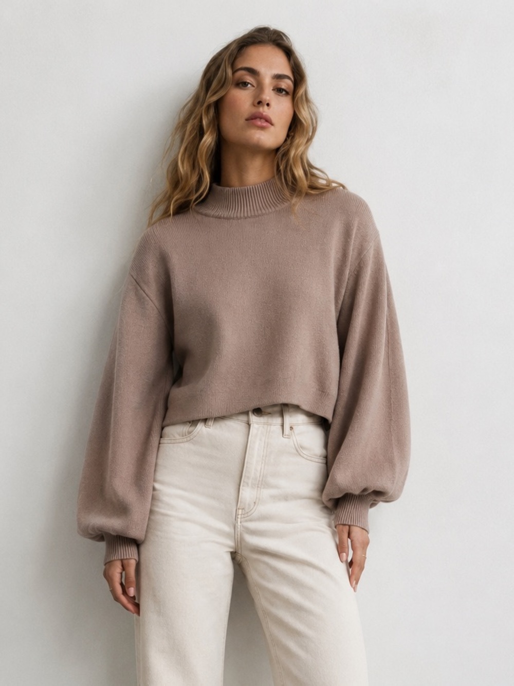 NASTY GAL Taupe Balloon Sleeve Mock Neck Knit Sweater Cropped US 8